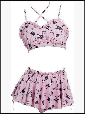 Gothic Skull Cat Bikini Set with Skirt Halter Neck Swimwear